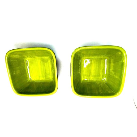 Vtg Gail Pittman Handcrafted Green DK Brown Square Ceramic Bowls Set Of 2 - Picture 6 of 11